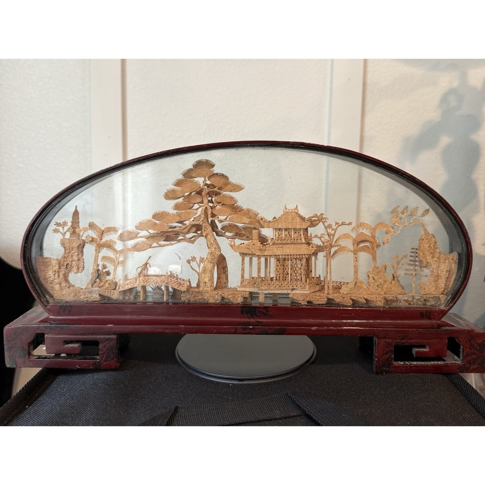 Vintage Chinese Cork Diorama Landscape Glass Case Pagoda Scene 14"